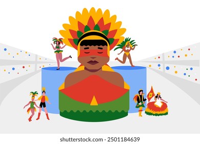 Illustration of a Brazilian Carnival float: vibrant design customized with Indigenous elements, featuring traditional patterns, feathers, and cultural symbols. Samba dancers. 