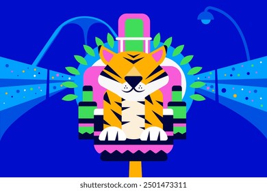 
Illustration of a Brazilian Carnival float: vibrant colors, featuring a tiger and nature theme, part of an electric trio in a samba school parade.