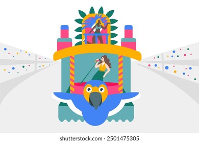 
Illustration of a Brazilian Carnival float: vibrant colors, featuring a macaw and nature theme, with an electric trio. Part of a samba school parade, showcasing a singer, dancers, and "passistas". 