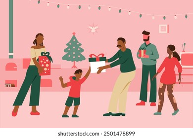 Illustration of a Brazilian family on Christmas Eve: together, giving secret friend gifts, enjoying a cozy, festive atmosphere.