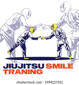 ilustración de un jiu-jitsu brasileño practicando con una máscara sonriente para afiches, diseños de camisetas y mercancía