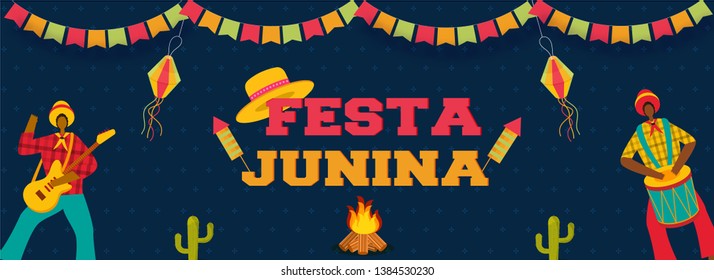 Illustration of Brazilian men playing music instrument with party elements on blue background for Festa Junina celebration header or banner design.