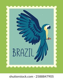 Illustration of a Brazilian postage stamp featuring a blue parrot in flight. The background is light blue with a green border. The word Brazil is written in a decorative font. Concept of exotic