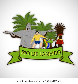 Illustration of Brazilian traditions and culture with famous monument of Christ the Redeemer in Rio De Janerio, Brazilian Carnival Dance, Soccer Ball Player and Flag on grey background. 