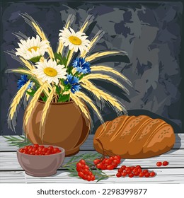 Ilustración con pan y bayas.Ilustración vectorial con pan, bayas y orejas en un jarrón sobre una mesa de madera.