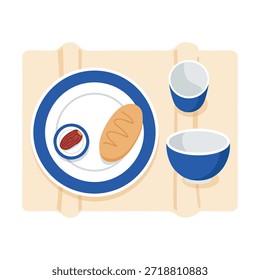 Ilustración de pan y bebida en una mesa