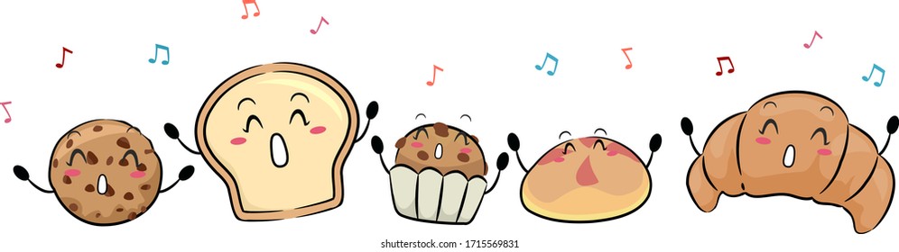 Ilustración de pan y pasteles mascotas cantando de gallina, pan en rodajas, pastel, bollo y croissant