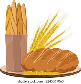 Illustration with bread products.Vector illustration with bakery products and ears on a transparent background.