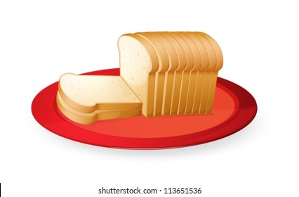 illustration of bread slices in red dish on white