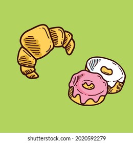 Illustration of bread and two yummy donuts with plain green background. using any kind of food blog design and illustration 