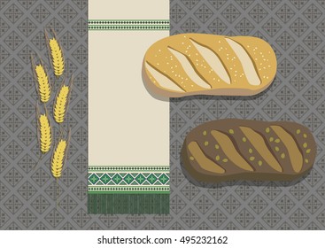 Illustration of bread, wheat and a towel