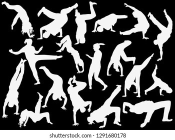 illustration with breakdancers silhouettes isolated on black background