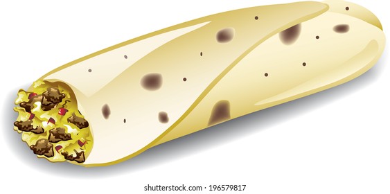 Illustration of a breakfast burrito with sausage egg and cheese.