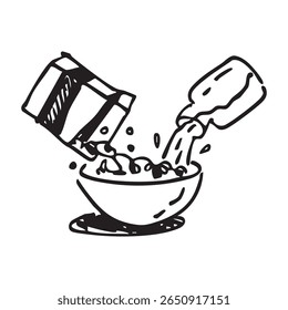 Ilustração do café da manhã com caixa de cereal e garrafa de leite vazando na tigela. Arte exclusiva com desenho à mão. Estilo de vetor preto e branco.