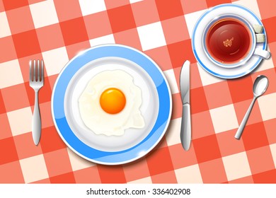 illustration of breakfast with egg plate tea and spoon and folk