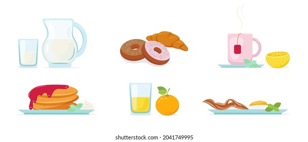 Ilustración del desayuno en un conjunto de estilo plano.