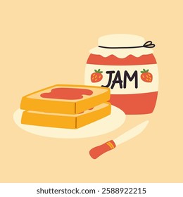Illustration of breakfast food. Jam and sandwiches. Bread snack.