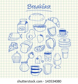 Illustration of breakfast ink doodles on squared paper