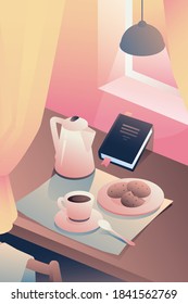 Illustration of breakfast in the interior. Still life in the morning. Vector. Poster for advertising. Coffee, tea and cookies. A metaphor closed book in front of an open window. Fashionable flat style