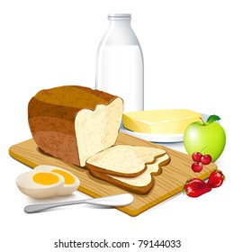 illustration of breakfast meal with bread,butter,egg,milk and fruits