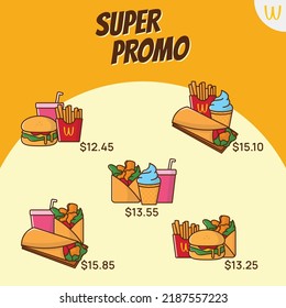 Illustration of breakfast menu. Beautiful Fast Food menu design template. hamburgers, fries, and sodas. Good food on yellow background.