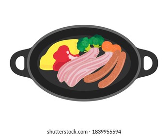 Illustration of breakfast on an iron plate.