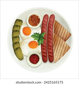 Illustration of a breakfast plate filled with sausage bread and pickles