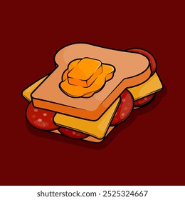 illustration of breakfast sandwich filled with lots of cheese and sliced ​​ham sausage topped with melted butter in line art style. Can be used for restaurants, cafes, local street food, cookbook menu