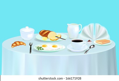 illustration Breakfast with scrambled eggs coffee and croissant