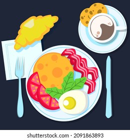 Illustration of breakfast table with pancakes, bacon, tomato, egg, coffee, cookies and croissant