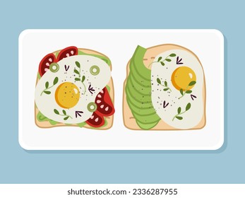 Illustration of breakfast toasts with scrambled egg, avocado, tomato on a plate in flat style.