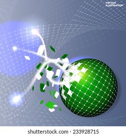 Illustration of breaking sphere on technology background