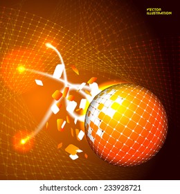 Illustration of breaking sphere on technology background