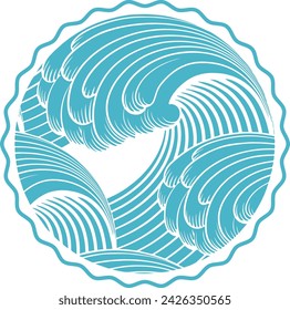 Illustration of breaking wave woodcut with wavy border