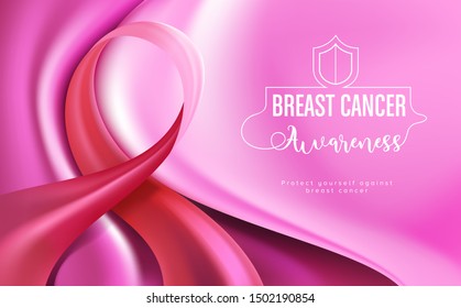 An illustration of Breast Cancer Awareness on October month with pink ribbon. Health campaign card, breast cancer prevention in woman.