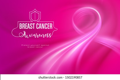 An illustration of Breast Cancer Awareness on October month with pink ribbon. Health campaign card, breast cancer prevention in woman.