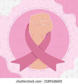 ilustración de una cinta de sensibilización sobre el cáncer de mama en manos de una mujer que lucha contra el cáncer