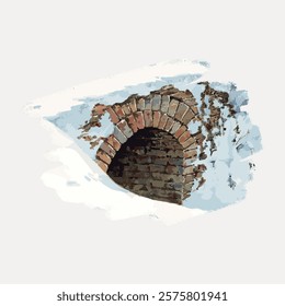 Illustration of a brick archway in a snowy landscape. The brick archway is partially covered in snow, creating a rustic, wintery scene with a brick archway. Vintage illustration isolated, vector.