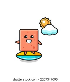 Illustration of brick cartoon do surfing on the beach , cute design