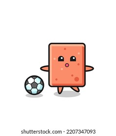 Illustration of brick cartoon is playing soccer , cute design