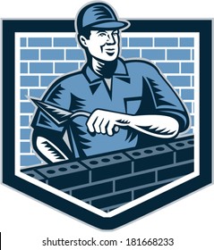 Illustration Of A Brick Layer Tiler Plasterer Mason Masonry Construction Worker With Trowel Done In Retro Style. 