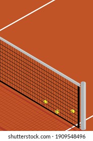 Illustration of brick red color tennis court and tennis balls around on a sunny day. With copy space.