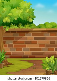 Ilustración de una pared de ladrillo en un jardín