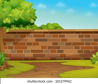 Illustration of a brick wall in a garden