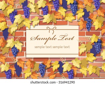 Illustration of brick wall with grape vine with yellow leaves