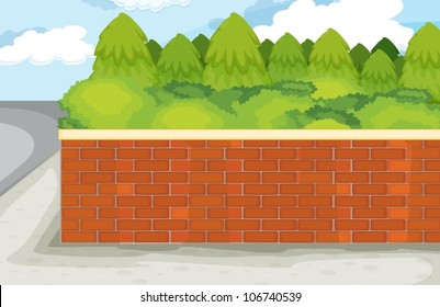 illustration of brick wall on nature green background