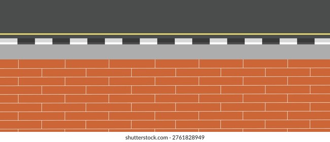 Illustration of a brick wall with a sidewalk and asphalt road, suitable for background use or design purposes, in a minimalist style, perfect for various visual projects.