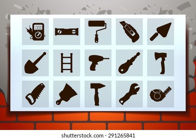 illustration of brick wall and white banner on it with some silhouette tools icons