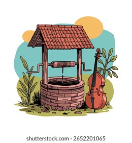 Ilustração de um poço de água de tijolo com um telhado de telha vermelha, uma manivela de madeira, e um baixo vertical inclinando-se contra ele, cercado por plantas.