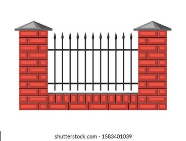 Illustration of bricks fence with forging. Garden, park or yard hedge section.